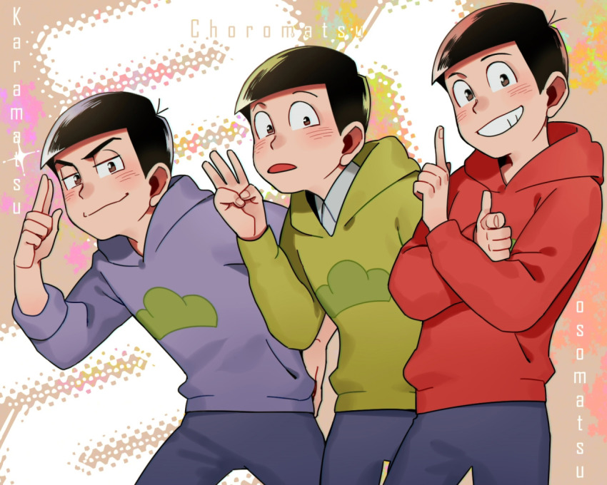 10s, 3boys, black_eyes, black_hair, brothers, character_name, hood, male_focus