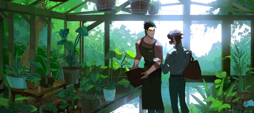 2boys, amei_zhao, apron, bag, black_hair, earrings, greenhouse, hanging_plant