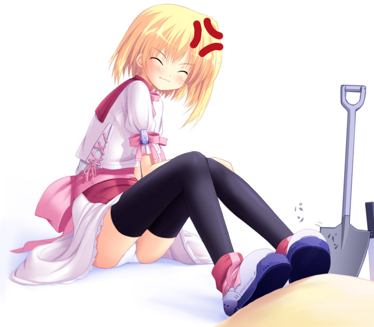 1girl, anger_vein, black_thighhighs, blonde_hair, blush, closed_eyes, eternal_melody, female_focus, lemit_mariena, panties, pantyshot, poco_(asahi_age), sand, sandbox, shoes, short_hair, shovel, sitting, skirt, smile, solo, thighhighs, underwear, white_background, white_panties, white_skirt, worktool