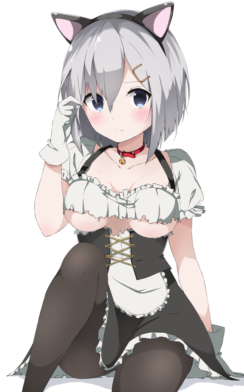10s, 1girl, alternate_costume, animal_ears, bell, blue_eyes, blush, breasts, cat_ears, collar, enmaided, eyes_visible_through_hair, female_focus, gloves, hair_ornament, hair_over_one_eye, hairclip, hamakaze_(kancolle), highres, kantai_collection, koutya, maid, neck_bell, pantyhose, short_hair, silver_hair, solo, underboob