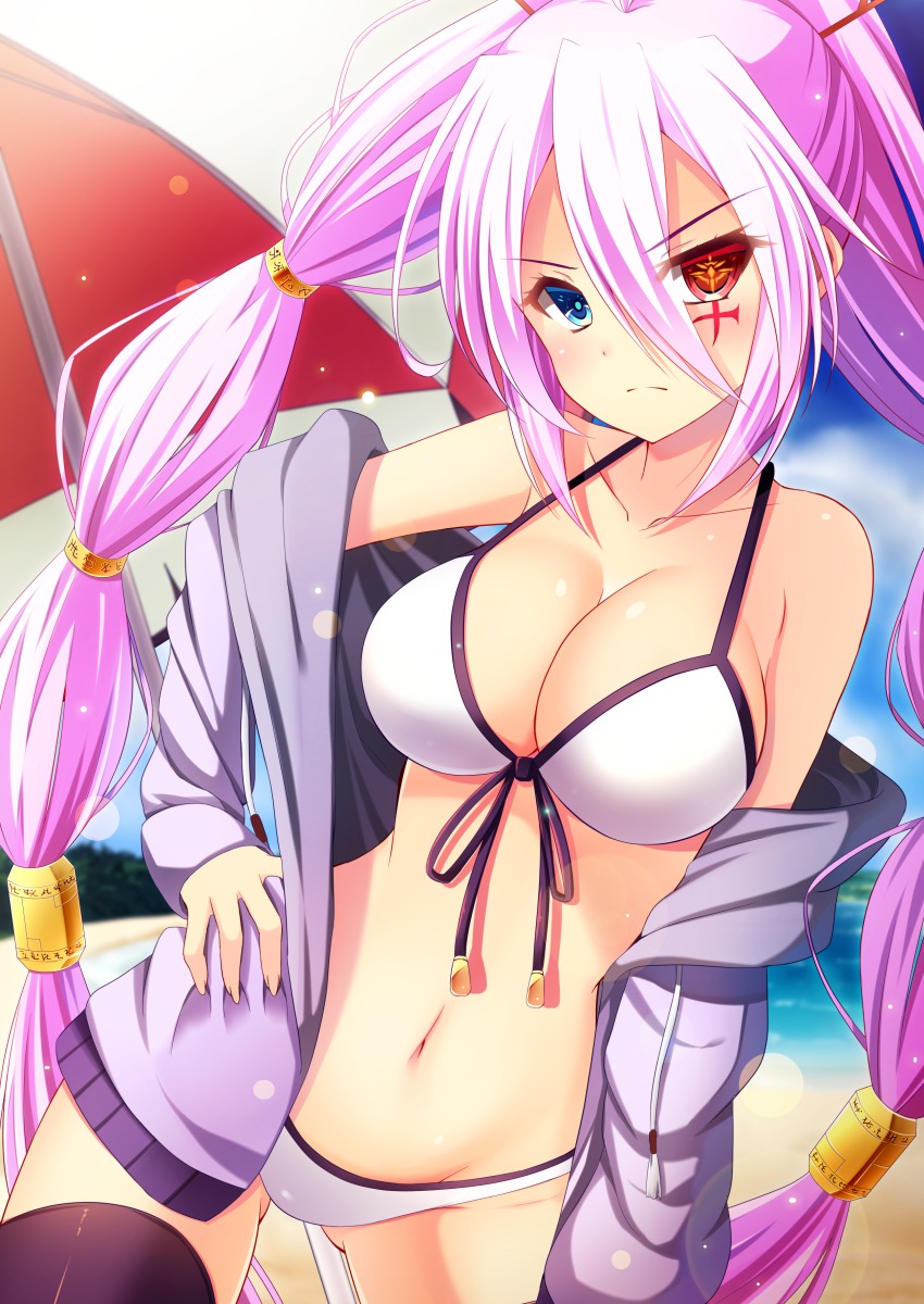 1girl, absurdres, akine_(kuroyuri), bare_shoulders, beach, beach_umbrella, bemani, bikini, bikini_under_clothes, black_thighhighs, blue_eyes, blurry, blush, breasts, calamity_dawn, cleavage, closed_mouth, cloud, cowboy_shot, day, depth_of_field, drawstring, eyes_visible_through_hair, facial_tattoo, female_focus, fingernails, front-tie_bikini_top, front-tie_top, frown, groin, hair_between_eyes, hair_ornament, hair_tubes, hand_on_own_hip, heterochromia, highres, hood, hood_down, hoodie, large_breasts, leaning, legs_apart, lens_flare, light_purple_hair, long_fingernails, long_hair, long_sleeves, looking_at_viewer, multi-tied_hair, museca, narrow_waist, navel, off_shoulder, open_clothes, open_hoodie, outdoors, parted_bangs, pink_hair, red_eyes, runes, shiny_skin, sideboob, sky, solo, swimsuit, symbol-shaped_pupils, tattoo, thighhighs, twintails, umbrella, very_long_hair, water, white_bikini