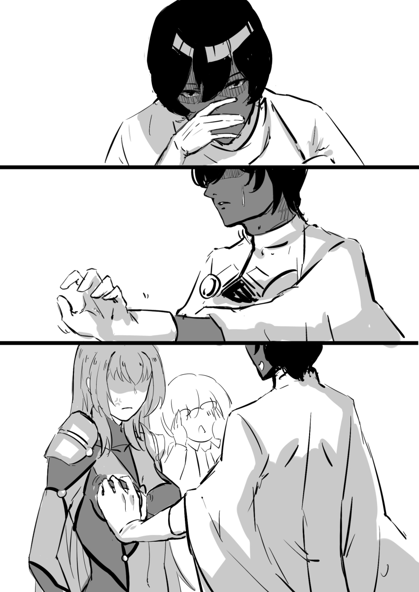 1boy, 2girls, anger_vein, arjuna_(fate), arjuna_(third_ascension)_(fate), armor, bodysuit, dark-skinned_male, dark_skin, fate/grand_order, fate_(series), glasses, gloves, grabbing_another's_breast, greyscale, grin, groping, highres, long_hair, mash_kyrielight, monochrome, multiple_girls, pauldrons, scathach_(fate), shimazaki_nobunaga, shoulder_armor, simple_background, smile, voice_actor_connection, whitem_(whiteemperor2020)