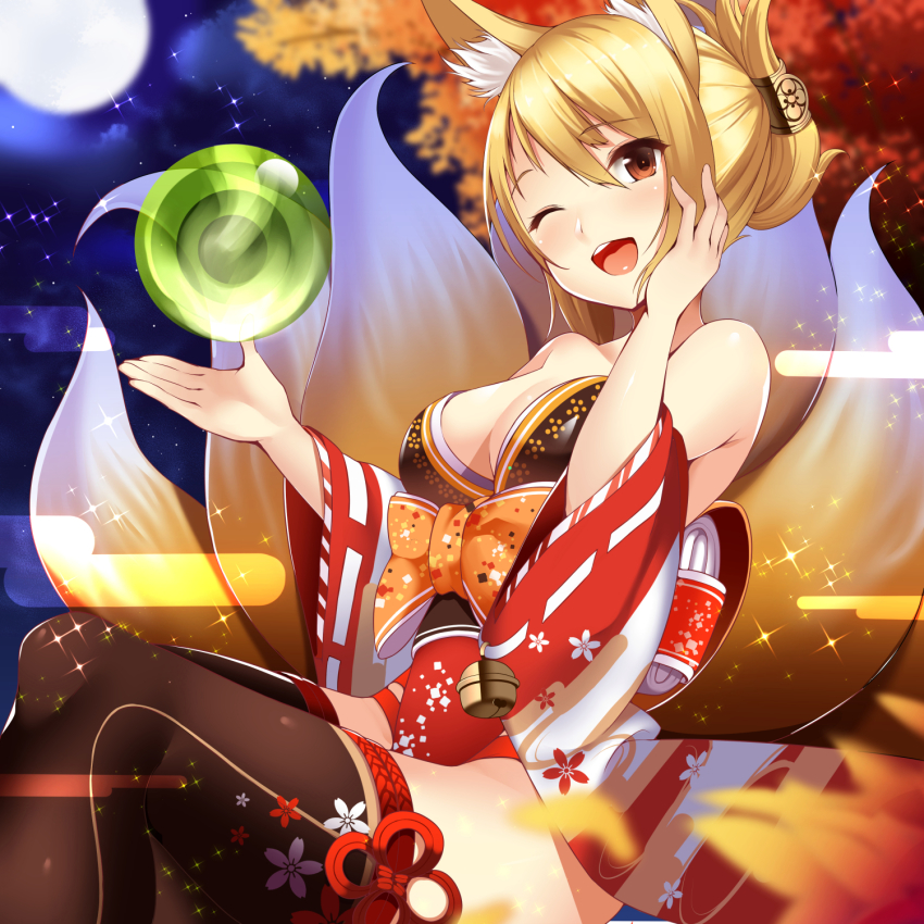 1girl, animal_ears, bare_shoulders, blonde_hair, breasts, brown_eyes, cleavage, cloud