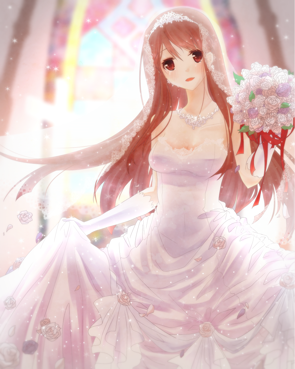 10s, 1girl, bouquet, breasts, brown_eyes, brown_hair, cleavage, dress
