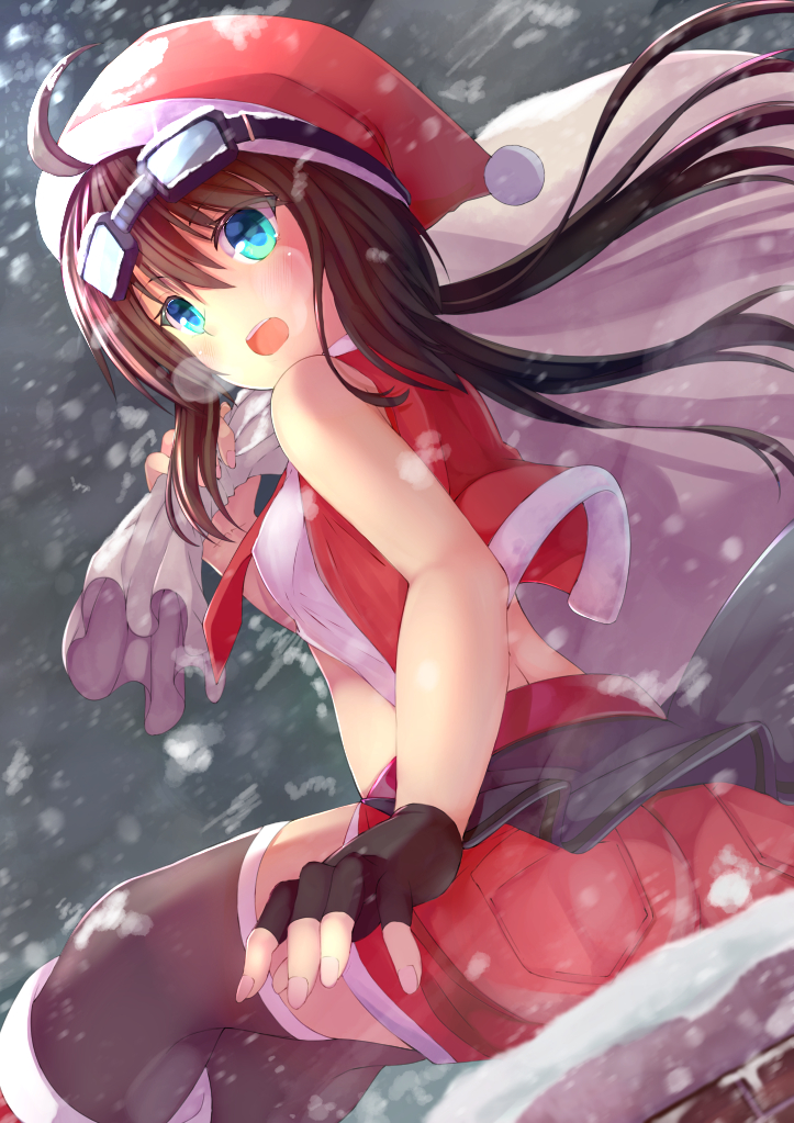 1girl, ahoge, black_gloves, black_legwear, blue_eyes, brown_hair, dutch_angle, female_focus