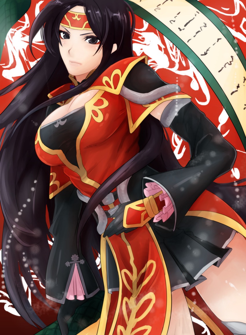 1girl, black_eyes, black_gloves, black_hair, black_skirt, breasts, cleavage, cleavage_cutout