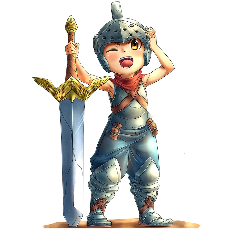 1boy, armor, armored_boots, battle_fantasia, blush, boots, full_body, helmet, male_focus, marco_van_de_land, one_eye_closed, open_mouth, rua_(pixiv292244), solo, sword, weapon, white_background, yellow_eyes