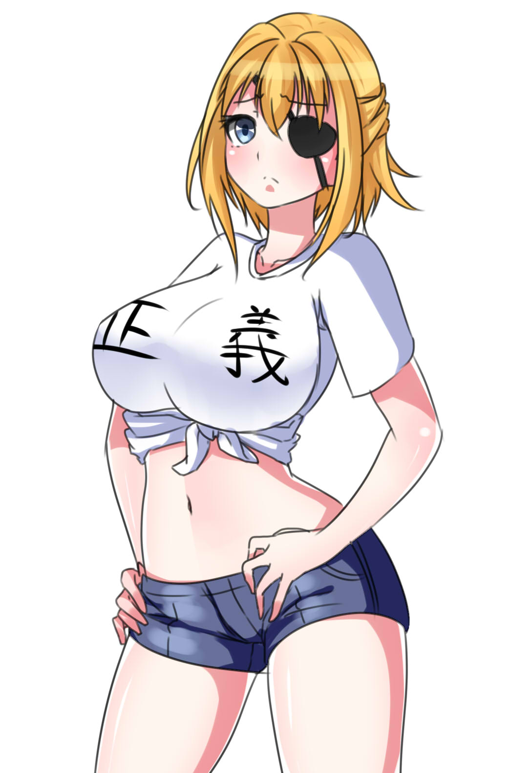1girl, bad_id, bad_pixiv_id, blonde_hair, blush, breasts, clothes_writing, curvy