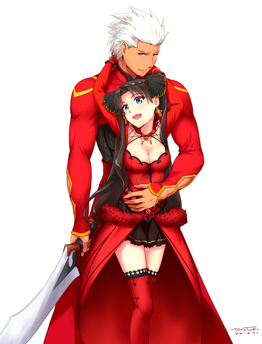 1boy, 1girl, archer_(fate), archer_(third_ascension)_(fate), black_hair, blue_eyes, breasts, cleavage