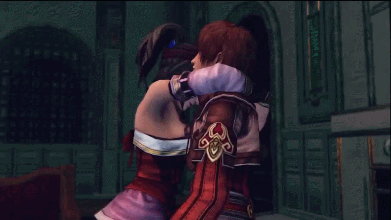 1boy, 1girl, 3d, animated, animated_gif, bouncing_breasts, breasts, brown_hair, capell, coat, detached_sleeves, dress, eye_contact, hetero, hug, infinite_undiscovery, large_breasts, looking_at_another, michelle_(infinite_undiscovery), ponytail, red_hair, short_hair, subtitled