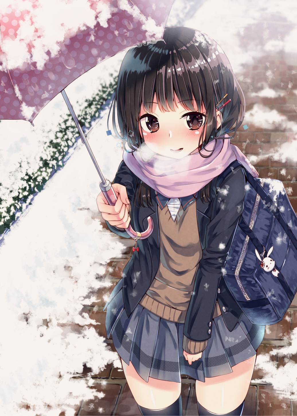 1girl, aikawa_sora, bad_id, bad_pixiv_id, bag, bag_charm, black_hair, bookbag, brown_eyes, charm_(object), female_focus, grey_skirt, hair_ornament, hairclip, highres, open_mouth, original, pink_scarf, pov, sakuragi_ren, scarf, school_bag, school_uniform, short_hair, skirt, snow, solo, sweater, thighhighs, umbrella