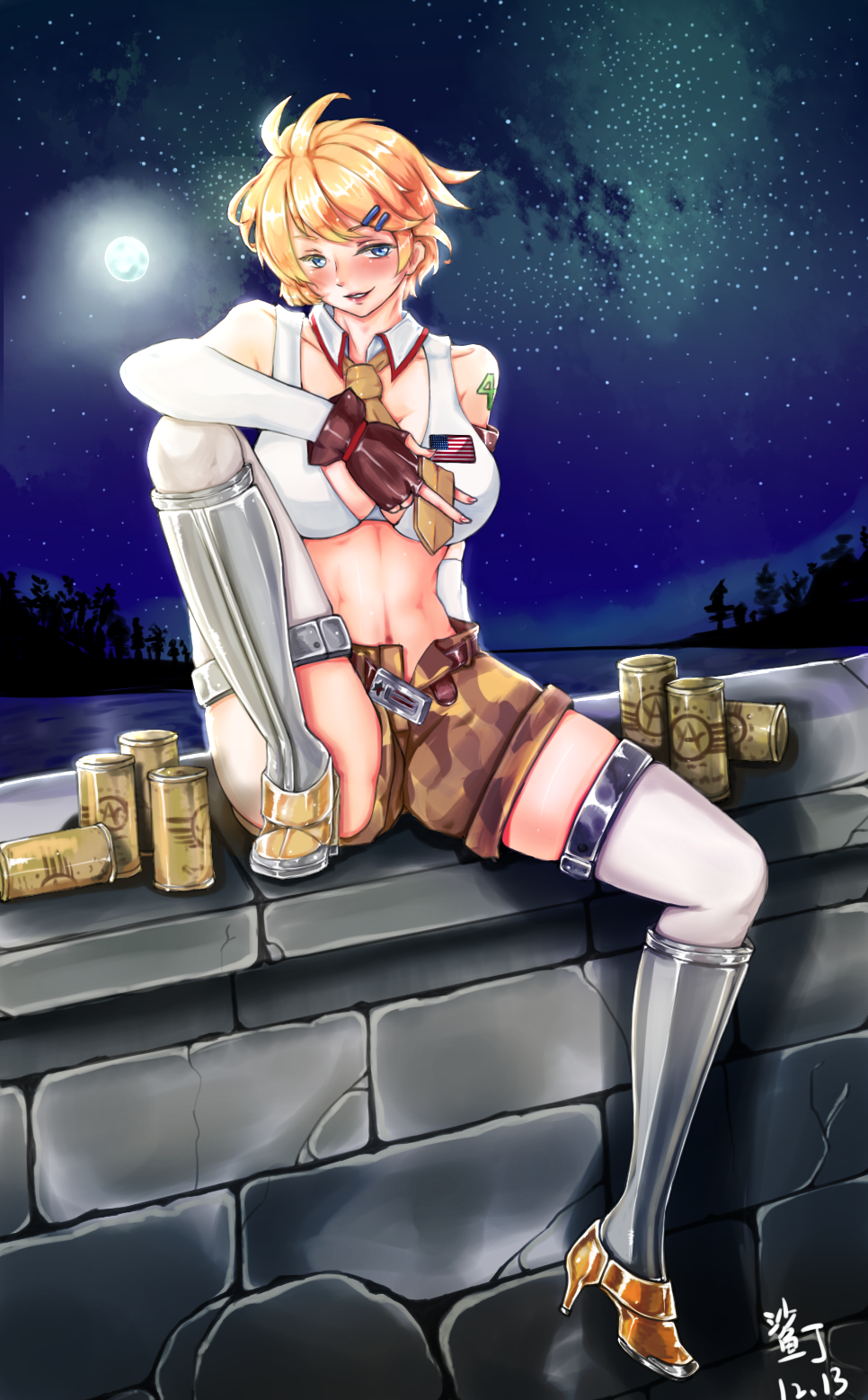 1girl, belt, blonde_hair, blush, breasts, can, detached_sleeves, female_focus, fingerless_gloves, full_moon, gloves, highres, large_breasts, midriff, moon, navel, necktie, open_belt, shardine, short_hair, short_shorts, shorts, skindentation, smile, solo, star_(symbol), tennessee_(warship_girls_r), thighhighs, tree, unbuttoned, warship_girls_r, water