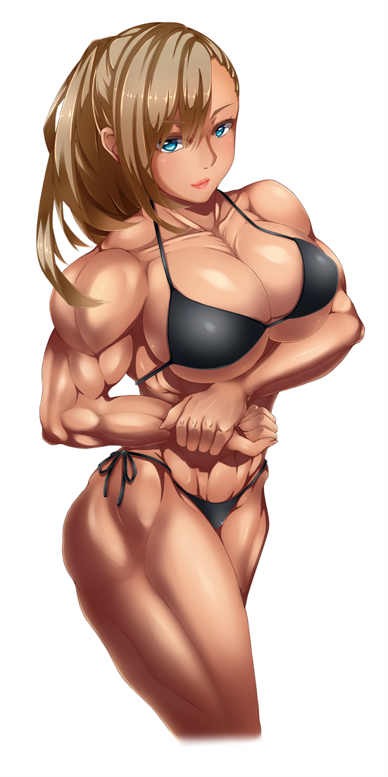 1girl, biceps, bikini, black_bikini, blue_eyes, breasts, brown_hair, female_focus, flexing, large_breasts, long_hair, muscular, muscular_female, original, side_chest_pose, solo, swimsuit, yutsuki_tsuzuri, yuzuki_tsuzuru