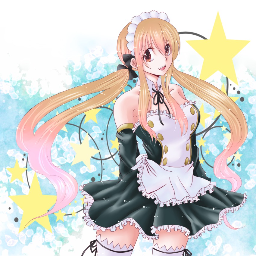 1girl, black_ribbon, blonde_hair, detached_sleeves, dress, fairy_tail, female_focus, hair_ribbon, highres, kisaragi_mizuka, long_hair, lucy_heartfilia, maid_headdress, open_mouth, ribbon, solo, star_(symbol), strapless, strapless_dress, thighhighs, twintails, white_thighhighs
