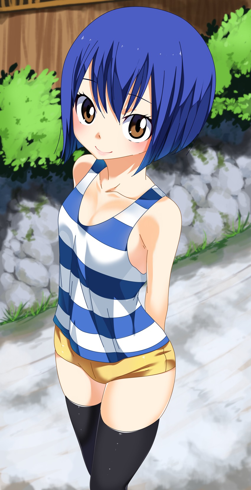 1girl, absurdres, arms_behind_back, black_thighhighs, blue_hair, brown_eyes, fairy_tail, female_focus