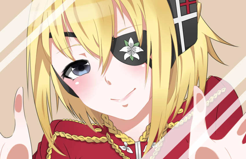 1girl, against_glass, bad_id, bad_pixiv_id, blonde_hair, blush, eyepatch, female_focus