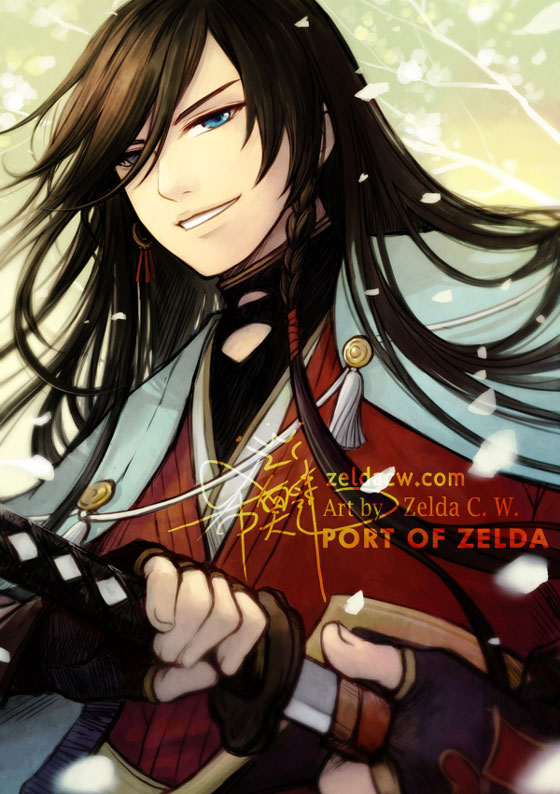 10s, 1boy, black_hair, blue_eyes, braid, earrings, izumi-no-kami_kanesada, japanese_clothes