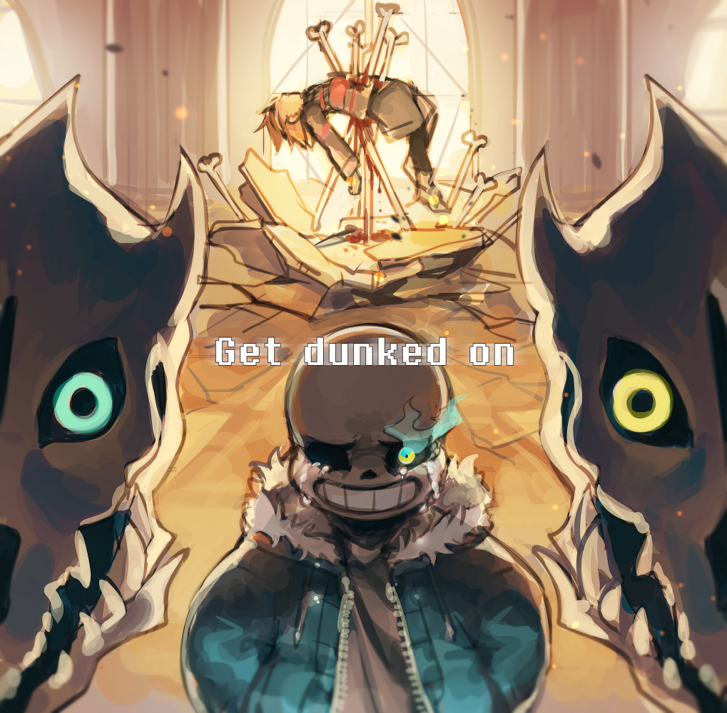 1boy, androgynous, blood, bone, brown_hair, corpse, crying, crying_with_eyes_open, death, destruction, dripping, english_text, flaming_eye, frisk_(undertale), fur_trim, gasterblaster, hands_in_pockets, hood, hooded_jacket, hoodie, impaled, indoors, jacket, looking_at_viewer, noahxica, sans_(undertale), sharp_teeth, shirt, shorts, skeleton, spoilers, striped_clothes, striped_shirt, tears, teeth, undertale, unzipped, utdr_(toby_fox), window, yellow_eyes