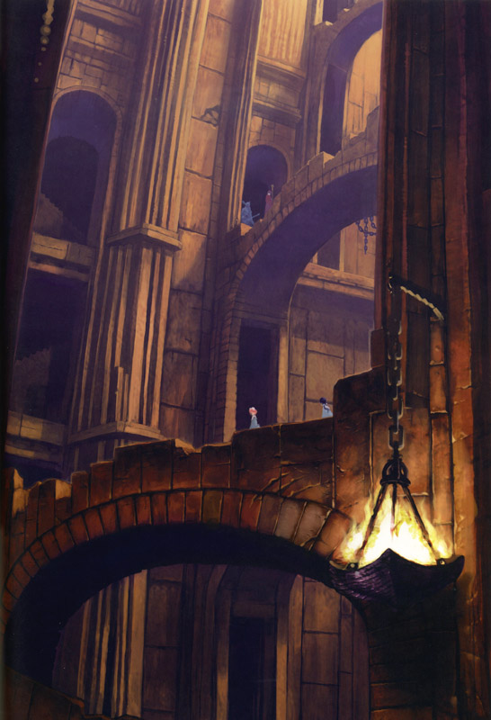 1boy, 2girls, arch, aria_vancleef, armor, black_hair, bow, bridge, castle, chain, cityscape, domino_(little_witch_romanesque), dress, fire, hair_bow, kaya_xavier, littlewitch, long_hair, multiple_girls, official_art, ooyari_ashito, pink_hair, robe, scenery, short_hair, shoujo_mahou_gaku_littlewitch_romanesque, staff, sword, twintails, weapon