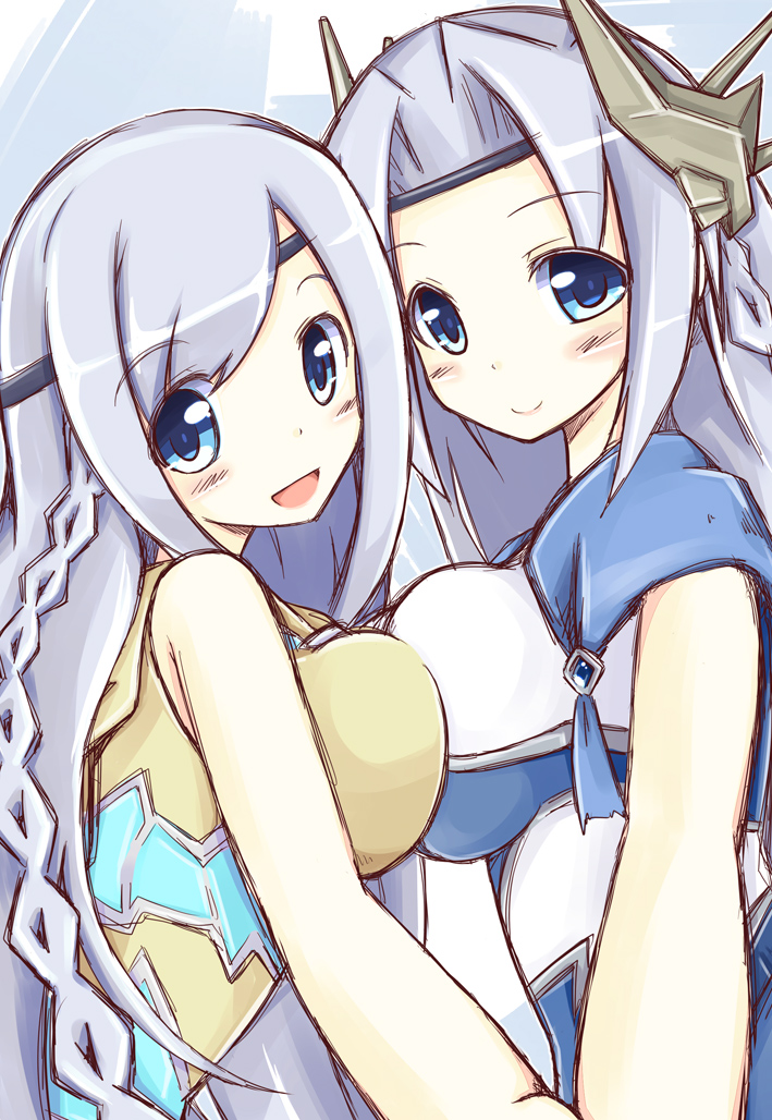 2girls, blue_eyes, blush, braid, breast_press, breasts, dress, duel_monster, headband, large_breasts, long_hair, looking_at_viewer, maiden_with_eyes_of_blue, multiple_girls, nanashino_(nanasino101), priestess_with_eyes_of_blue, smile, symmetrical_docking, very_long_hair, white_hair, yu-gi-oh!, yu-gi-oh!_duel_monsters