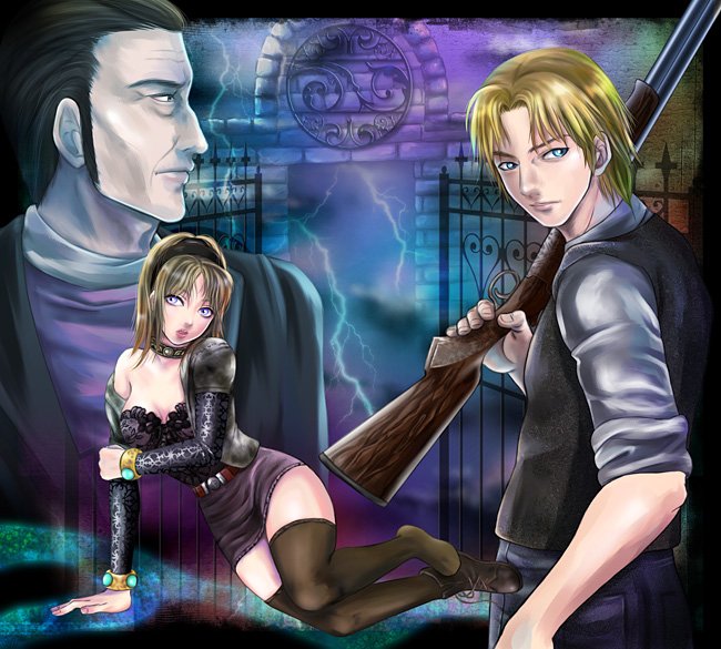 1girl, 2boys, blonde_hair, breasts, brown_thighhighs, building, cleavage, collarbone, full_body, gate, gun, koudelka, koudelka_(character), large_breasts, latex, long_sleeves, looking_at_viewer, multiple_boys, pike_(piquet), shoes, short_hair, shotgun, single_shoe, sitting, thighhighs, wall, weapon, yokozuwari, zettai_ryouiki