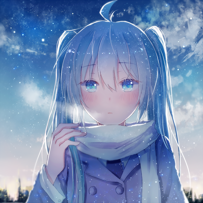 1girl, ahoge, aqua_eyes, aqua_hair, blue_eyes, blue_hair, blush, breath