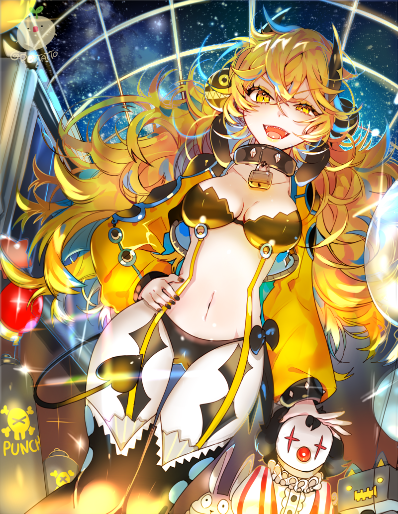 1girl, :d, bad_id, bad_pixiv_id, balloon, black_nails, black_thighhighs, blonde_hair