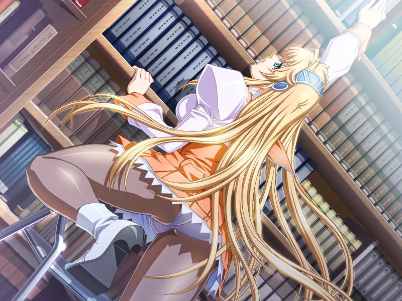 1girl, ass, blonde_hair, blue_eyes, book, female_focus, game_cg, happy_princess, lieselotte_von_rozencrone, long_hair, panties, panties_under_pantyhose, pantyhose, pantyshot, solo, underwear, upskirt, yokota_mamoru