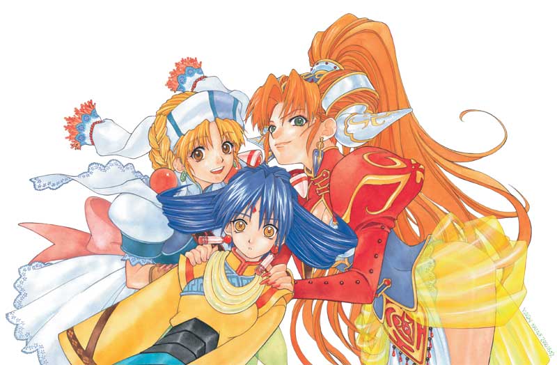 3girls, bent_over, blonde_hair, blue_hair, brown_eyes, earrings, elena_(grandia), grandia