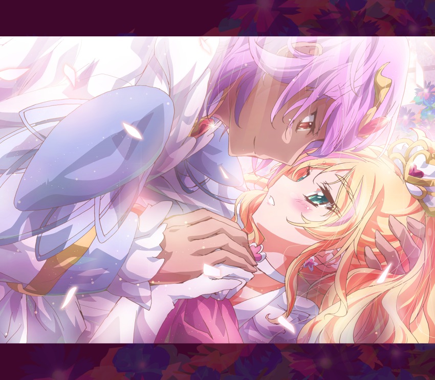 1boy, 1girl, bishounen, blonde_hair, blush, choker, couple, cure_flora