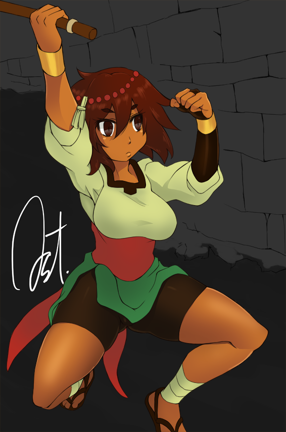 1girl, ajna_(indivisible), ankle_wrap, ast, axe, bike_shorts, breasts, commentary_request