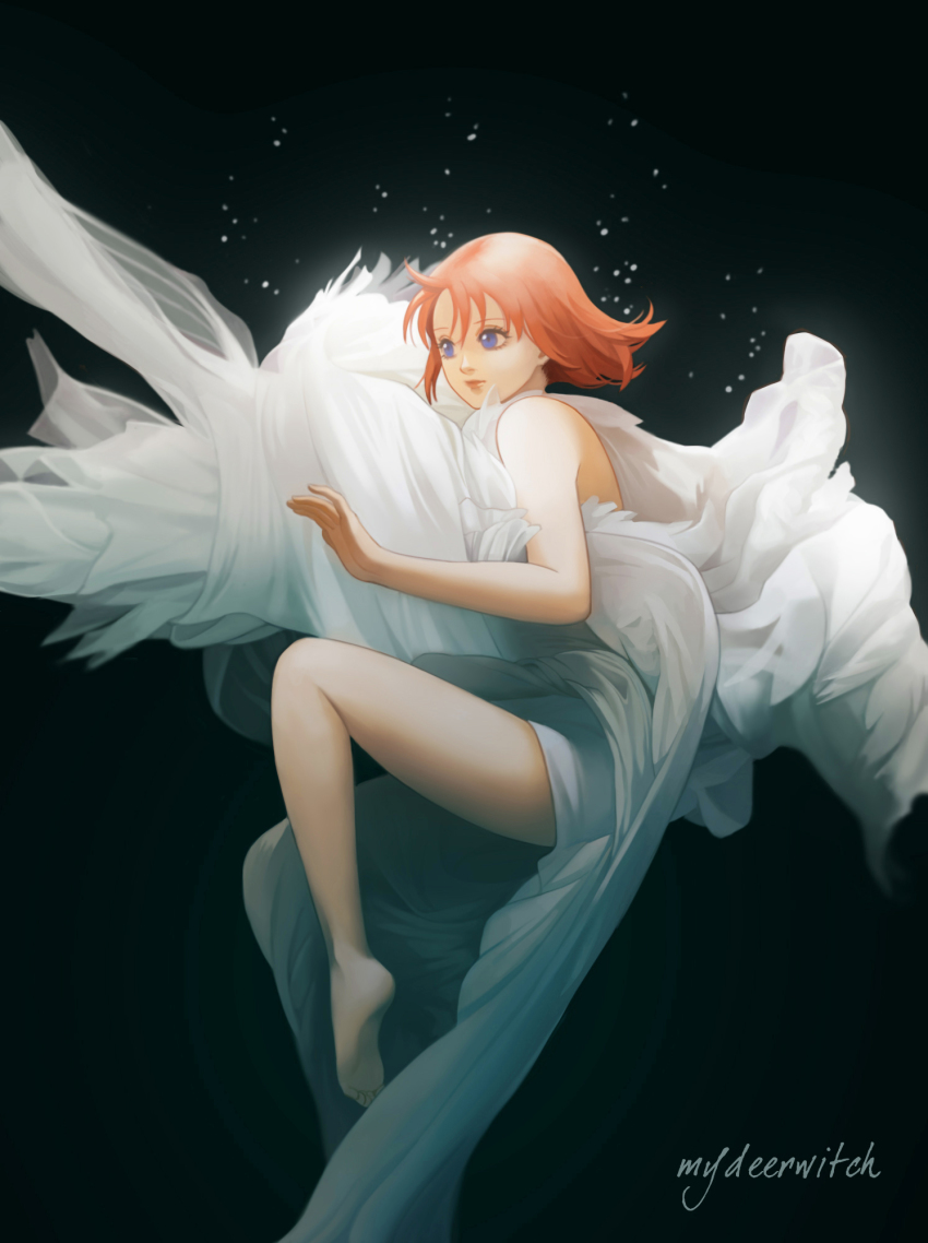 1girl, ahoge, alternate_costume, alternate_hairstyle, artist_name, bad_id, bad_pixiv_id, bare_shoulders, barefoot, black_background, blue_eyes, dress, feet, female_focus, floating, floating_hair, from_side, full_body, gintama, gradient_background, highres, kagura_(gintama), mydeerwitch, orange_hair, short_hair, soles, solo, white_dress