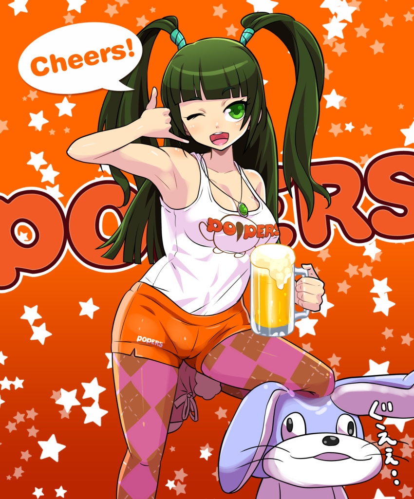 1girl, alcohol, argyle_clothes, argyle_pantyhose, armpits, bare_shoulders, beer, beer_mug, bemani, blush, boots, brand_name_imitation, breasts, cleavage, clothes_writing, cup, employee_uniform, english_text, female_focus, green_eyes, green_hair, highres, hooters, jewelry, keyboardmania, large_breasts, matching_hair/eyes, mug, necklace, one_eye_closed, open_mouth, osamu_yagi, pantyhose, pantyhose_under_shorts, pop'n_music, rabbit, short_shorts, shorts, sleeveless, smile, solo, stuffed_animal, stuffed_toy, tank_top, tsurara_(pop'n_music), twintails, usao-kun