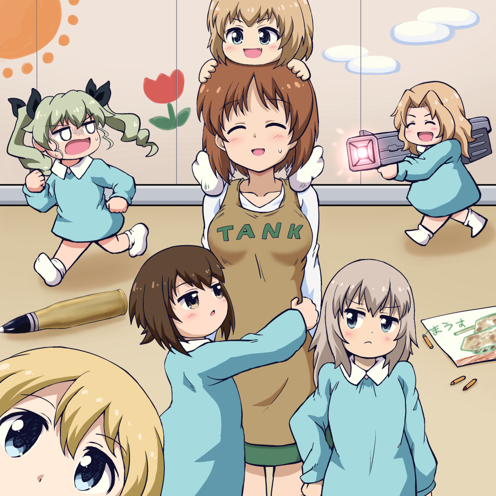 10s, 6+girls, aged_down, ammunition, anchovy_(girls_und_panzer), apron, blonde_hair, blue_eyes