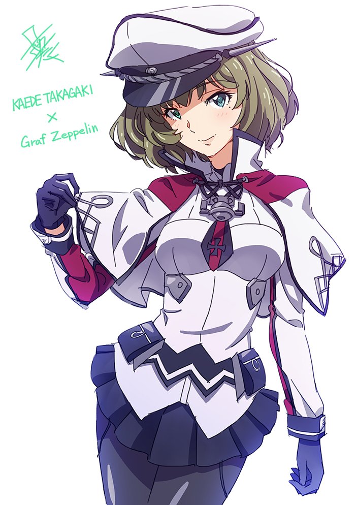 1girl, blue_eyes, breasts, brown_hair, capelet, character_name, cosplay, female_focus