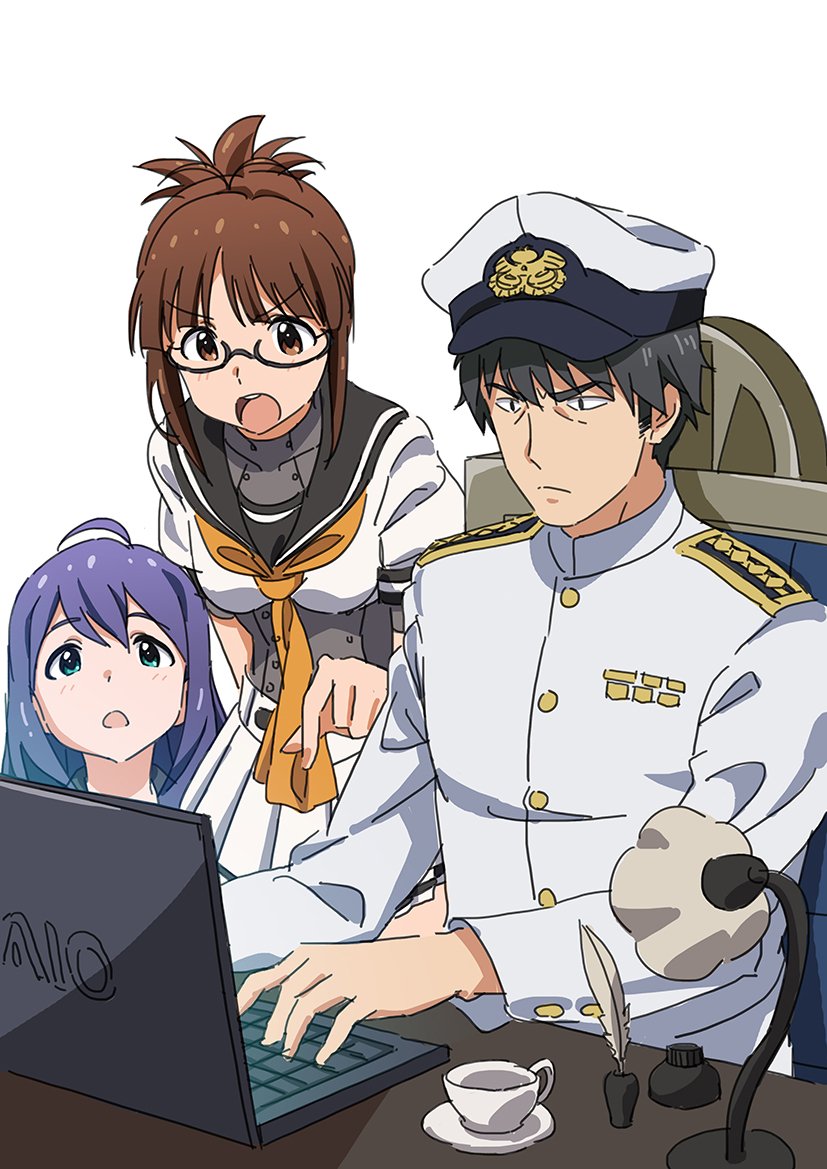 1boy, 2girls, admiral_(kancolle), admiral_(kancolle)_(cosplay), akizuki_(kancolle), akizuki_(kancolle)_(cosplay), akizuki_ritsuko, aqua_eyes