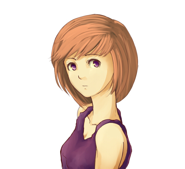 1girl, female_focus, nonji_(sayglo_halo), orange_hair, portrait, purple_eyes, short_hair, simple_background