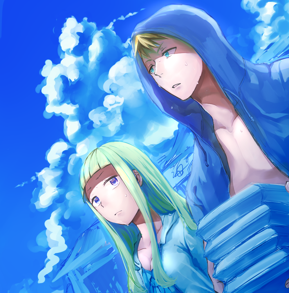 10s, 1boy, 1girl, anya_hepburn, bad_id, bad_pixiv_id, blonde_hair, blue_eyes, blunt_bangs, clay_(soul_eater_not!), clay_sizemore, hood, hoodie, hot, long_hair, riio_(ohlychan), short_hair, soul_eater, soul_eater_not!, sweat