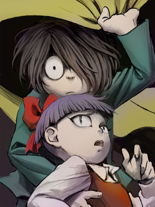 1boy, 1girl, blanket, bow, bowl_cut, brown_hair, child, collared_shirt