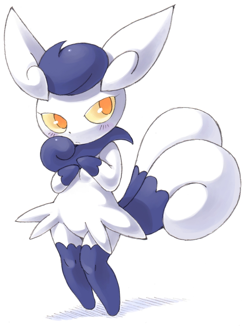 1girl, animal_ears, blue_hair, blush, breasts, colored_sclera, female_focus, folded_ears, full_body, furry, furry_female, gen_6_pokemon, half-closed_eyes, hands_up, highres, looking_to_the_side, meowstic, meowstic_(female), multiple_tails, nintendo, orange_eyes, oyatsu_(1727318), oyatsu_(mk2), pokemon, pokemon_(creature), pokemon_x_and_y, simple_background, small_breasts, solo, standing, tail, two_tails, white_background, yellow_sclera