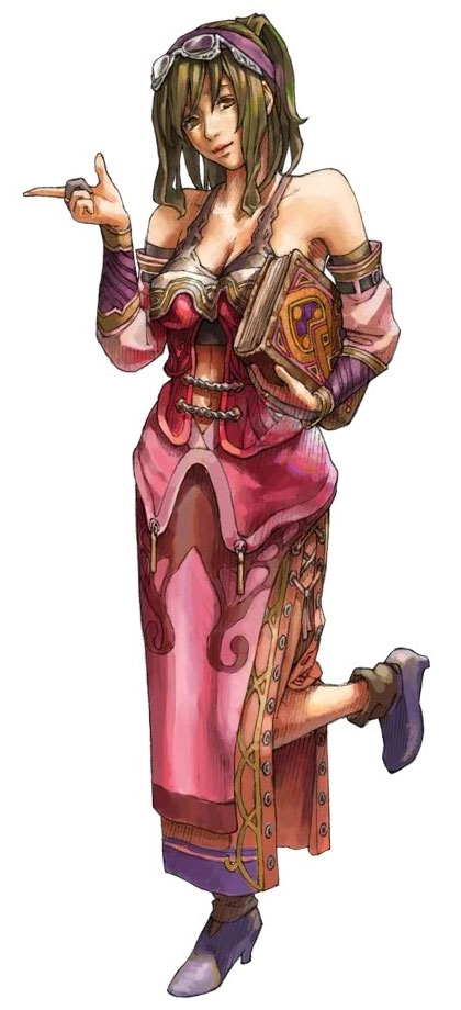 1girl, book, breasts, brown_eyes, brown_hair, cleavage, detached_sleeves, dress, female_focus, glasses, high_heels, infinite_undiscovery, large_breasts, leg_up, michelle_(infinite_undiscovery), navel, official_art, ponytail, short_hair, simple_background, solo, white_background