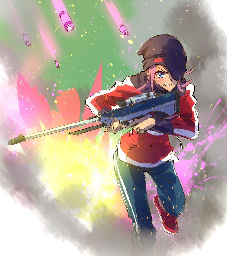 1girl, beanie, blue_eyes, explosion, explosive, female_focus, gun, hat