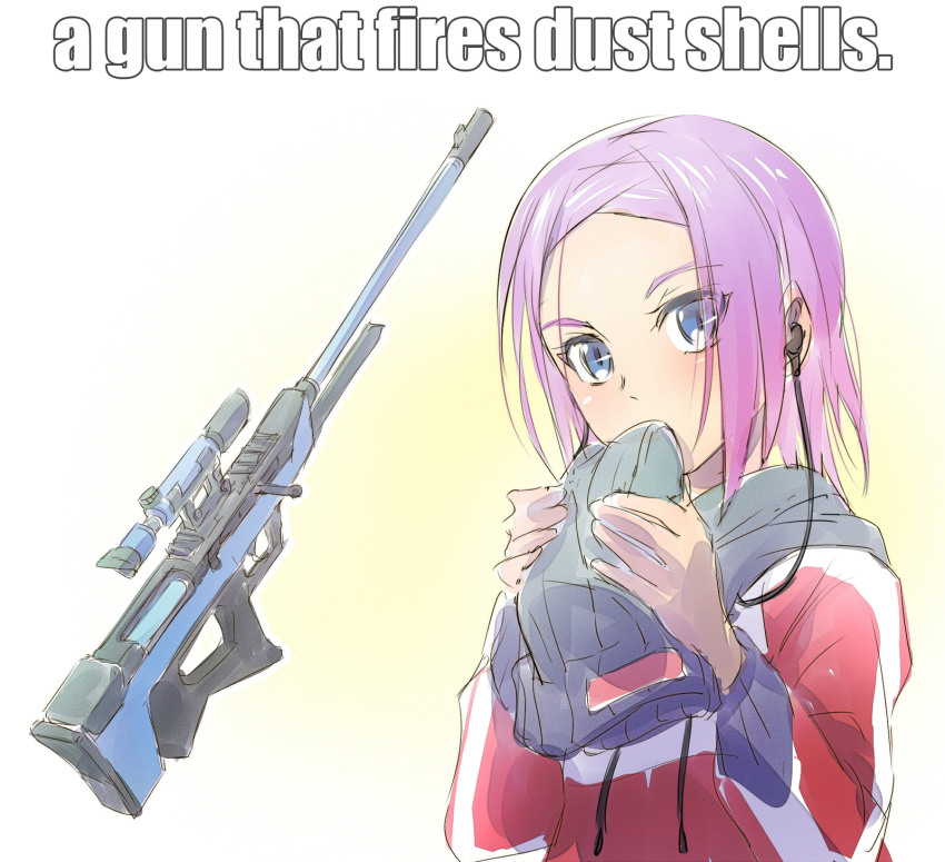 1girl, beanie, blue_eyes, earbuds, earphones, female_focus, gun, hat