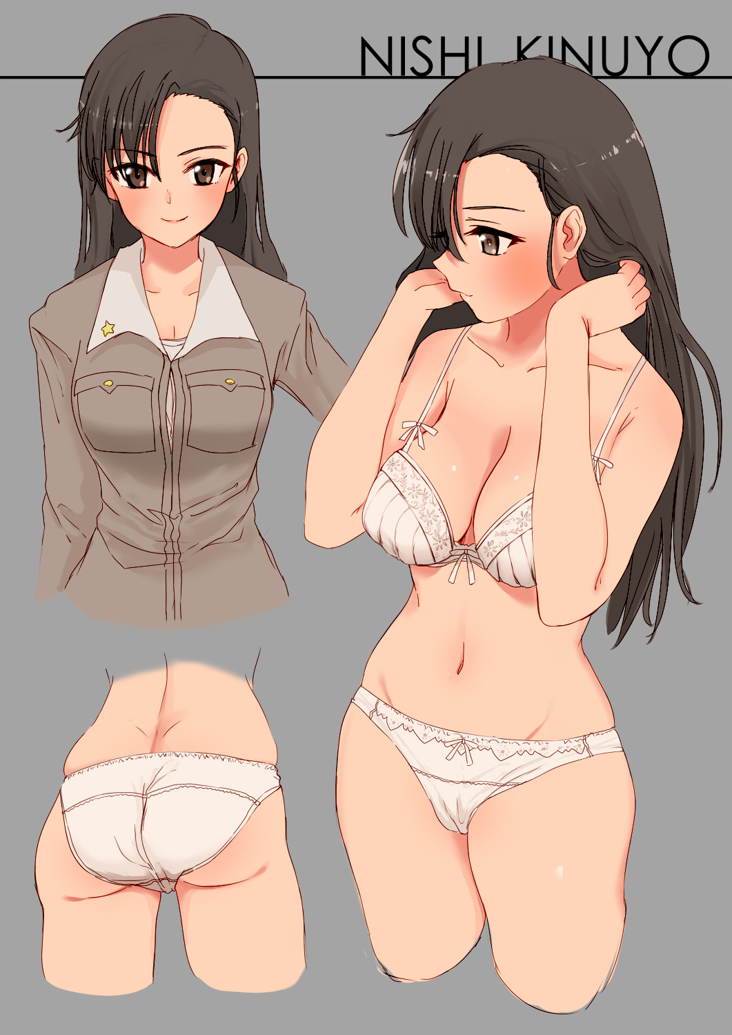 10s, 1girl, ass, bad_id, bad_pixiv_id, black_hair, blush, bra, breasts, brown_eyes, character_name, reference_sheet, chi-hatan_military_uniform, cleavage, collarbone, cropped_legs, girls_und_panzer, groin, highres, kento1102, long_hair, looking_at_viewer, medium_breasts, multiple_views, navel, nishi_kinuyo, panties, simple_background, smile, underwear, underwear_only, white_bra, white_panties