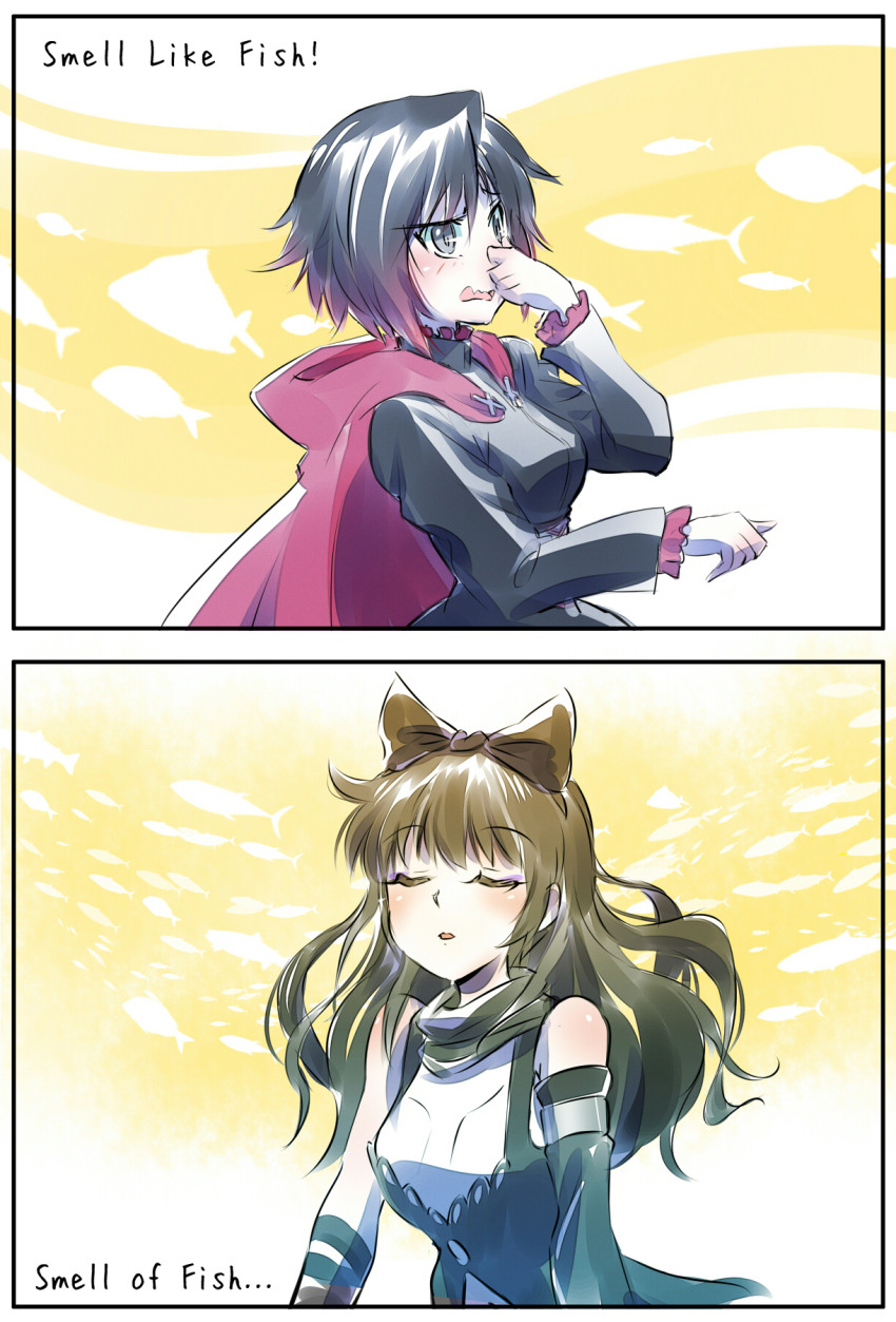 2girls, black_hair, blake_belladonna, bow, brown_hair, cloak, closed_eyes, comic