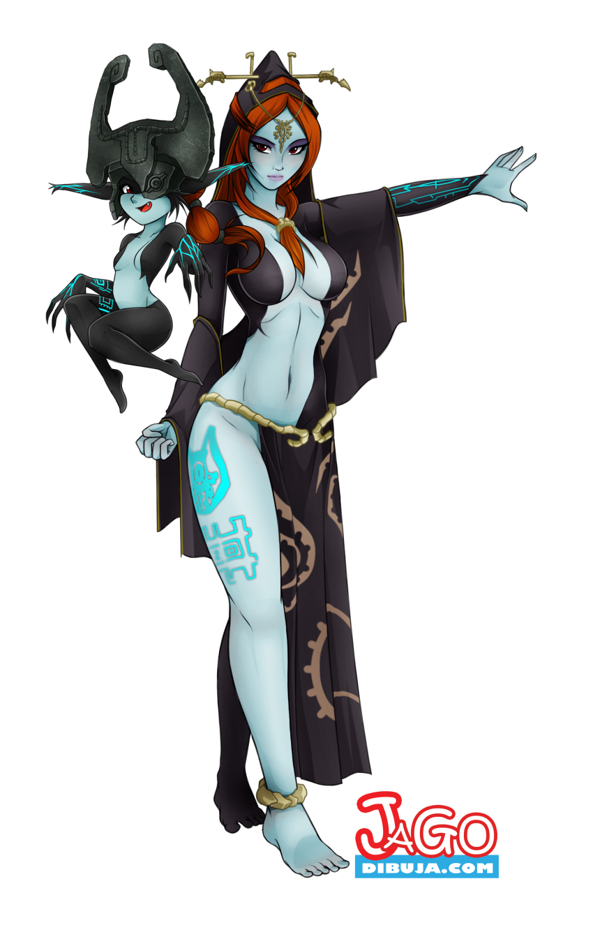 2girls, absurdres, barefoot, blue_skin, breasts, colored_skin, dual_persona, highres, jago_dibuja, long_skirt, midna, midna_(true), multiple_girls, nintendo, no_panties, orange_hair, side_slit, skirt, spoilers, the_legend_of_zelda, the_legend_of_zelda:_twilight_princess, topless_female