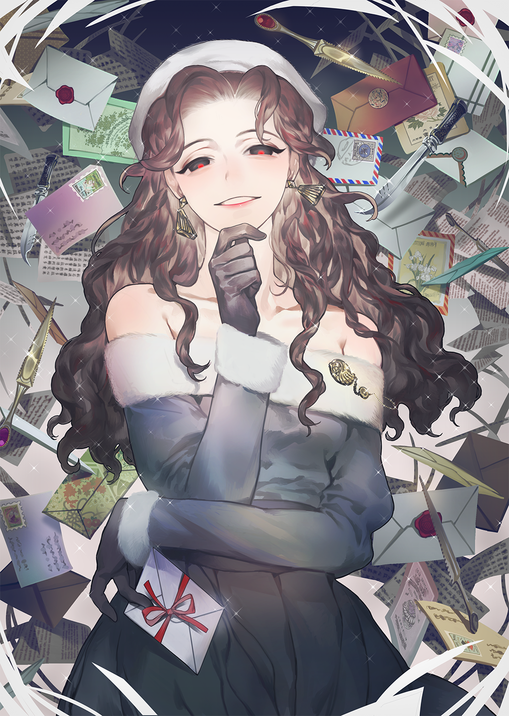 1girl, black_eyes, black_gloves, brown_hair, collarbone, dress, earrings, female_focus