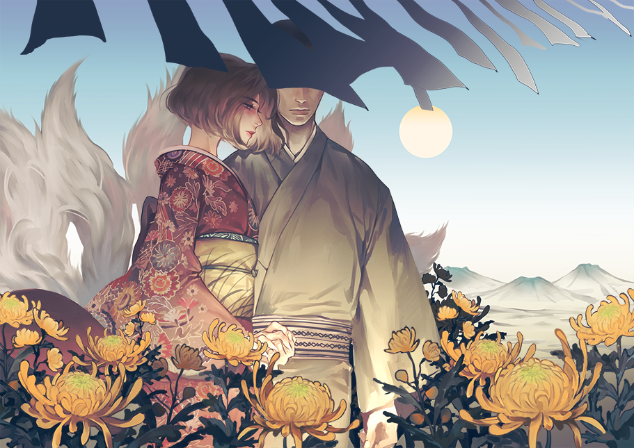 1boy, 1girl, arm_at_side, blue_sky, bob_cut, brown_hair, character_request, chrysanthemum