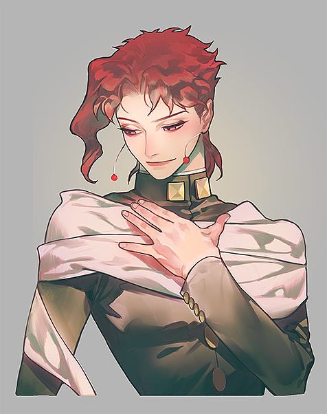 1boy, earrings, gakuran, grey_background, hakkaku_hailey, hand_on_own_chest, jewelry, jojo_no_kimyou_na_bouken