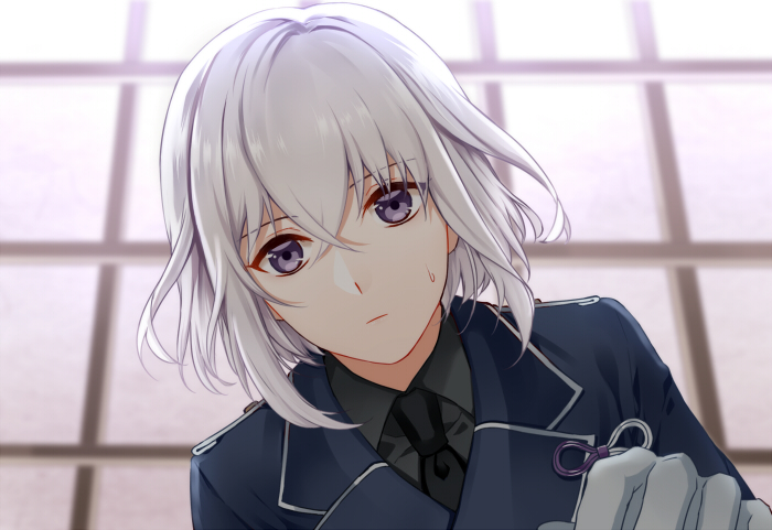 10s, 1boy, gloves, honebami_toushirou, male_focus, mibu_(1064493753), military, military_uniform, necktie, personification, purple_eyes, solo, touken_ranbu, upper_body, white_gloves, white_hair